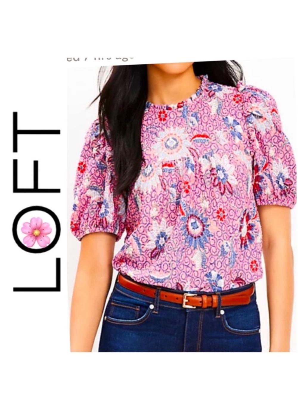 LOFT Pink Floral Puff-Sleeve Blouse with Blue Accents